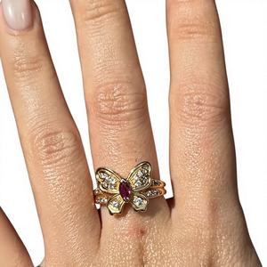 Bague double bande en or massif 14 carats avec rubis papillon, rubis naturel taille marquise et diamant, bague pierre de naissance de juillet, cadeau d'anniversaire - Product Image 2