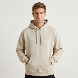Sweat-shirt à capuche beige décontracté pour homme, couleur unie, avec poche kangourou et cordon de serrage - Product Image 4