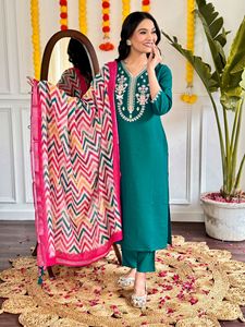 Women's Most Trending Sea Green Viscose Chanderi <b>Kurti</b> Embroidered with Viscose Pant And Printed Dupatta Sets - Product Image 3