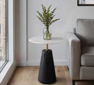 Modern Mood Modern Round <b>Marble</b> Top Coffee <b>Table</b> With Black Ribbed Base And Brass Stem For Living Room Furniture - Product Image 5