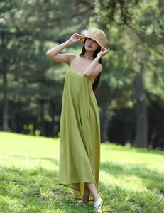 Robe longue bohème unie à col en U pour femme, sans manches, coupe ample, tenue décontractée d'été - Product Image 2