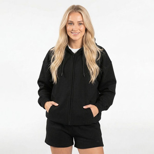 Conjunto Deportivo con Capucha para Mujer, Manga Larga, Cierre de Cremallera, Color Sólido, Corte Holgado Informal con Bolsillos Laterales, Estilo Otoñal - Product Image 1