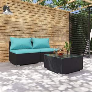 3 pezzi di mobili da giardino in Poly Rattan nero con cuscini - Product Image 1