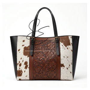 Bolso Tote de Cuero Vacuno Occidental con Pelo, Bolso de Hombro Grabado, Bolso Vintage Estilo Vaquera, Cartera Negra para Mujer, Oficina, Portátil - Product Image 1