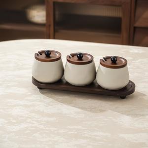 Elegante juego de recipientes de almacenamiento para cocina con tapa de madera, ranura para cuchara y bandeja de servicio, organizador compacto para encimera para té, café y azúcar - Product Image 1