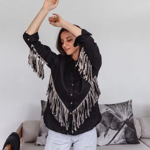 Chemise en lin noir, Blouse bohème, Veste à franges pour femme, Blouson ample, Top bio style cowboy et gypsy, Vêtement western, Cadeau pour elle - Product Image 4