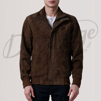 Chaqueta de gamuza marrón oscuro para hombre, con cierre de cremallera, cuello alto, estilo bomber, corte ajustado, de gamuza de cabra premium, tipo Harrington.
