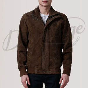 Chaqueta de gamuza marrón oscuro para hombre, con cierre de cremallera, cuello alto, estilo bomber, corte ajustado, de gamuza de cabra premium, tipo Harrington. - Product Image 4