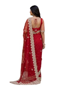 Heavy Look Bridal Sari Traditional Indian Designer Net <b>Saree</b> <b>Blouse</b> Women's Party Wear Embroidery Work with Pearls Diamonds Work - Product Image 3