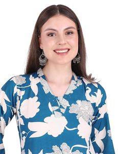 Conjunto de Kurti con Estampado Floral Azul SAZU para Mujer, Kurta Elegante de Corte A con Pantalones Anchos a Juego, Conjunto Étnico Cómodo - Product Image 3