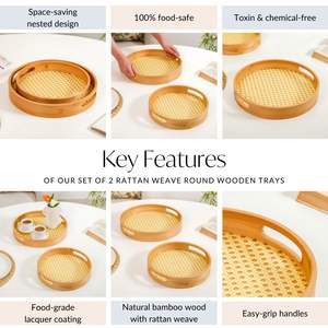 Handmade Bamboo Serving Tray Round Rattan Inlay Tray with Handles for Home <b>Kitchen</b> - Product Image 4