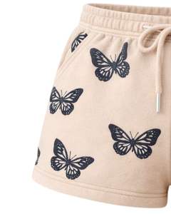 กางเกงขาสั้นผู้หญิงลายผีเสื้อสีเบจผ้าฝ้ายฟลีซลำลองสำหรับฤดูร้อนเอวผูกเชือก ผลิตตามสั่ง ขายส่งเสื้อผ้า - Product Image 5