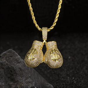 AMBER JEWELS Collar con Colgante de Guante de Boxeo Chapado en Oro de 14K para Mujer, con Diamantes Brillantes Certificados por IGI y Diseño de Signo de Dólar, Estilo Hiphop - Product Image 1
