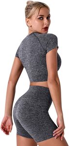 Conjunto Deportivo de Punto para Mujer, Top Corto de Manga Corta, Pantalones Cortos por Encima de la Rodilla, Color Sólido, Transpirable, para Gimnasio, Yoga - Product Image 2