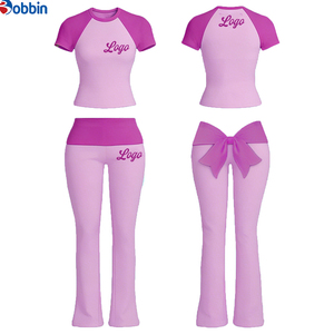 Conjunto Deportivo Personalizado con Logotipo para Mujer, Conjunto de Verano de Algodón para Yoga, Diseño con Lazo, Manga Corta, Pantalones Acampanados con Cintura Plegable, Conjunto de 2 Piezas - Product Image 2
