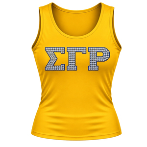 Womens Golden Yellow <b>Tank</b> <b>Top</b> Sigma Gamma Rho Crystal Rhinestone Greek Letter Graphic Sleeveless Scoop Neck Casual Sportswear - Product Image 1