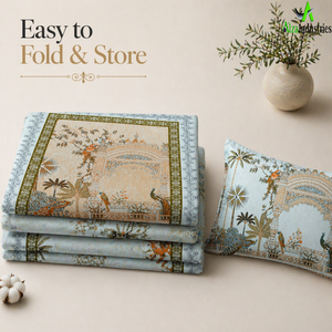 Peacock Garden Palace Print Cotton <b>King</b> Size Bedsheet Set | 3 Piece Pastel Blue <b>Bedspread</b> with Pillow Covers Bedding Collection - Product Image 4