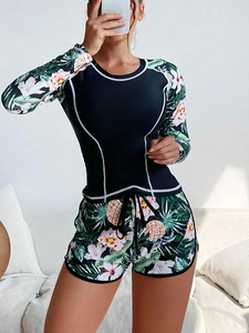 Women Floral Print 2 Piece Swim Set Long Sleeve Top Shorts Quick Dry Spandex Polyester Round Neck Contras Binding Bikini - Product Image 2
