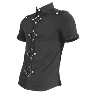 <b>Men's</b> Gothic Short Sleeve Shirt Punk Black Cotton Slim Fit with O-Ring Harness & PU Leather Trim - Product Image 3