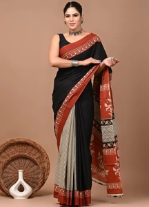 Sari Tradicional KV para Mujer, Estampado a Mano, de Algodón Puro Mulmul, con Blusa Sin Coser, de Secado Rápido y Reversible - Product Image 2