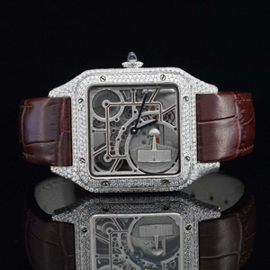 Montre analogique mécanique de luxe en acier inoxydable doré rose avec bracelet en cuir marron, cadran squelette et diamants Moissanite, style Hip Hop - Product Image 2