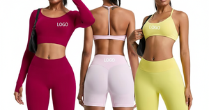 Ensemble de fitness sans couture 4 pièces à taille haute pour femmes |   Soutien-gorge de sport respirant et uni, leggings, vêtements de yoga à manches longues, devant en Spandex/Nylon - Product Image 3