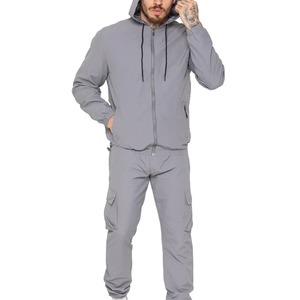 Men <b>Lightweight</b> Hooded Tracksuit Solid Gray Full Zip Casual Pants Set Side Pockets Spring Outdoor Wear For Men - Product Image 1
