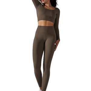 supper qualityonline Solid Front Logo yoga <b>exercise</b> set Women's pajamas 2-Piece Yoga Set with Leggings and Top yoga - Product Image 1