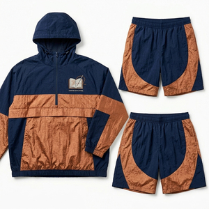 Unisex Color Blocking Tracksuit Set Hooded Windbreaker <b>Jacket</b> Shorts Lightweight Polyester Casual Wear Breathable Front Embroid - Product Image 1