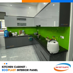 Panel interior de PVC No.1 Fábrica de fabricación de Vietnam Armarios de cocina de estilo moderno con vidrio verde - Product Image 5