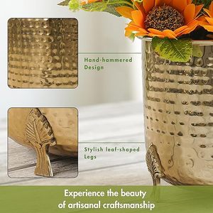 Modern Brass Flower <b>Pot</b> with Long Handle and Hand Carved Finish 16cm Diameter for <b>Table</b> Top Use - Product Image 2