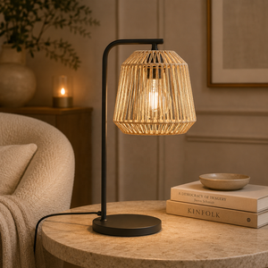 Harbor Weave Metal Table Lamp with Handwoven <b>Rope</b> Shade Sturdy Iron Frame Warm Ambient <b>Lighting</b> Decorative Accent - Product Image 1