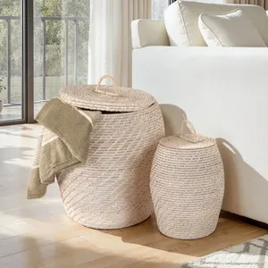 Vietnamese Whitewash Rattan Storage <b>Baskets</b> with Lids Decorative <b>Wicker</b> Organizer Set for Blankets <b>Laundry</b> Toys Home Storage - Product Image 4