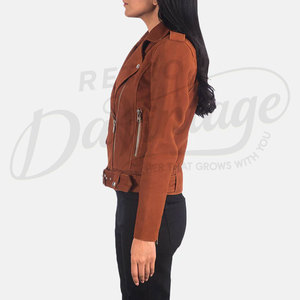 Women's Real Suede <b>Leather</b> Biker Jacket Western Fringe Style <b>Rivet</b> Stand Front Breathable Wholesale Premium Brown Suede <b>Leather</b> - Product Image 6