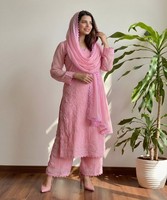 Conjunto de Salwar Kameez de Algodón Rosa con Bordado, Ropa Étnica Tradicional para Mujer, Corte Holgado, Largo hasta el Tobillo, Estilo Casual 84783