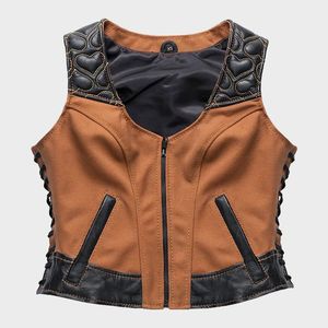 Chaleco de cuero y lona estilo motociclista para mujer - Product Image 3