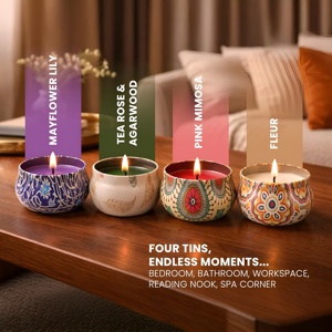Handmade Soy Wax Aromatherapy <b>Candle</b> <b>Set</b> in Metal Jar Modern Style Round Flameless for Home Wedding Diwali & Holiday - Product Image 4