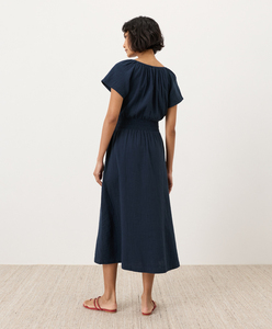 Cotton V-Neck Flutter Sleeve Boho Midi <b>Dress</b> Summer Cotton Midi Solid Color Breathable Midi <b>Dress</b> With Smocked <b>Elastic</b> Waistband - Product Image 4