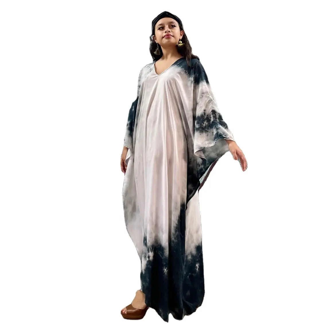 थोक मूल्य टाई डाई प्रिंट कपास कफ्तान गर्मियों कशीदाकारी समुद्र तट अंगरखा विभाजित शरीर कवर अप समुद्र तट पहनने पोशाक महिला कफ्तान