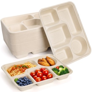 Assiette en bagasse de qualité export, 5 compartiments, étanche, avec compartiments pour aliments saucieux et collations, emballage pour plats à emporter en restaurant - Product Image 1