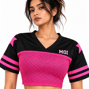 Camiseta Deportiva de Fútbol para Mujer, Personalizada con Logotipo y Número, Negra y Rosa, Corta, de Malla, Estilo Urbano, Cuello en V, Colorblock - Product Image 3