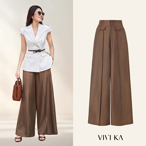 Pantalones de Oficina Casuales Elegantes para Mujer, Color Marrón, Cintura Alta, Corte Recto, Detalle de Bolsillo con Solapa, Poliéster y Elastano, OWEN - Product Image 1