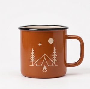 Wilderness <b>Camping</b> Theme Metal Camp <b>Cup</b> Custom Logo Printing Heavy Duty Iron Enamel Mug Featuring Tent Campfire and Forest Trees - Product Image 2