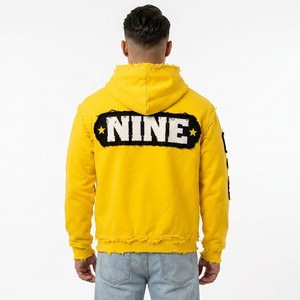 Sweat-shirt à capuche zippé surdimensionné jaune pour homme avec design patchwork, style streetwear, en coton tricoté, avec logo appliqué sur le devant - Product Image 4