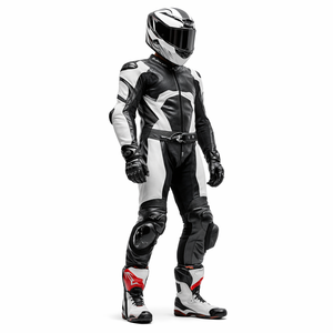 Traje de Motociclismo Personalizado, de Cuero, Completo, en Negro, Blanco y Gris, con Protección, Sin Logotipo, OEM - Product Image 2