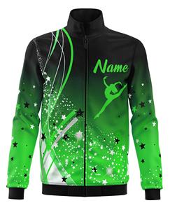 Veste de danse verte personnalisée avec des étoiles et une silhouette de danseuse pour femmes, vêtements d'entraînement, manches longues, fermeture éclair - Product Image 1