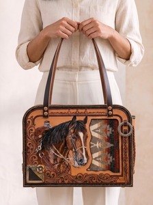 Vintage <b>Hand</b>-Carry <b>Mini</b> Bag with Horse Embroidery and Tribal Pattern Clasp Closure Large Capacity Cotton Lining All Seasons - Product Image 5