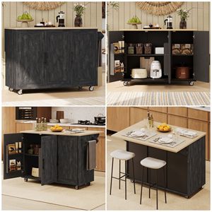 Isola da Cucina con Piano Ribaltabile da 130 cm, Design Geometrico a Righe Testurizzate, con Ruote in Stile Rustico e Spazio Interno - Product Image 5