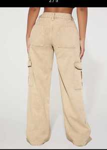 Jean cargo ample crème pour femme en denim doux avec poches fonctionnelles et style streetwear décontracté tendance – Offre spéciale - Product Image 2