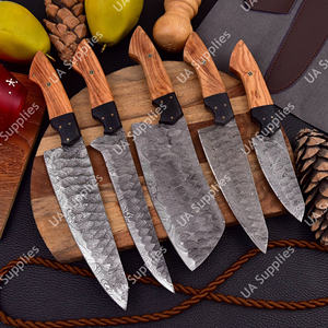 Ensemble de 5 couteaux de chef pour barbecue en acier Damas, faits à la main, à lame pleine, forgés à la main, manches en bois de bourrache d'olivier, style japonais, avec étui en cuir - Product Image 2